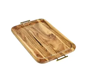 Acacia Wood Rectangle Tray with Gold Color Handles, One Size, Simple Design, Ideal for Storage and Organization