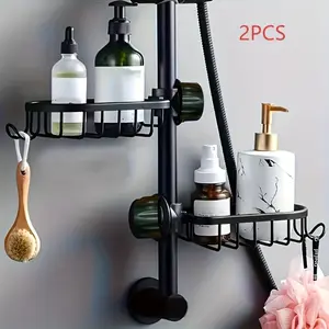 2-Pack Space-Saving Wall-Mounted Shower Caddy - Heavy-Duty Aluminum Storage Rack for Bathroom and Kitchen with Multiple Hooks, Modern Stylish Design, Shelf, Shower Organizer, Rust-Proof Material