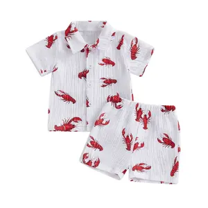[Lullaby] Baby Kids Boys Shorts Set, Dinosaur/Bus/Crayfish Print Short Sleeve Shirt with Elastic Waist Shorts Toddler Set Summer Outfit