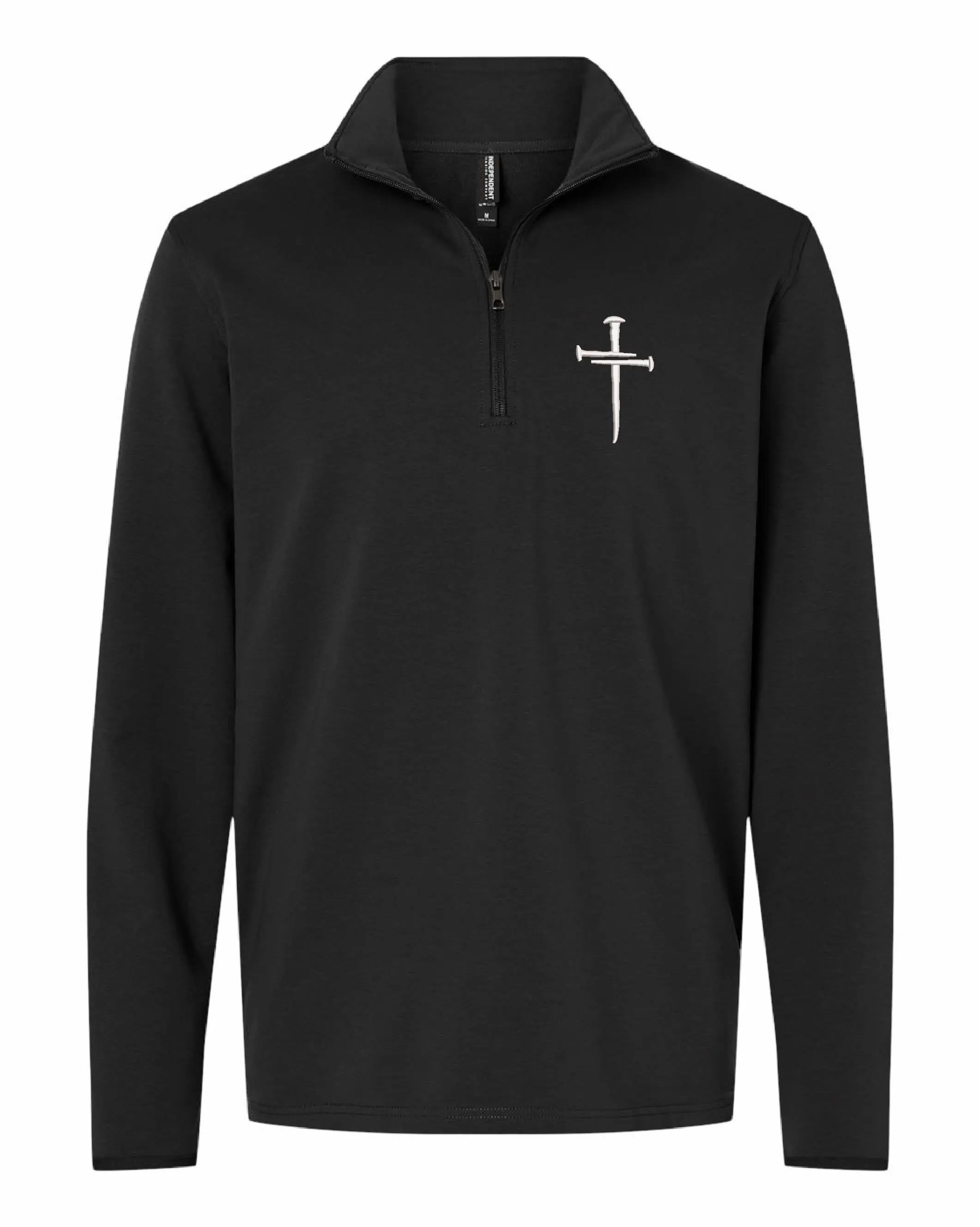 Men's 3 Nails Jesus Cross Motif Quarter-Zip Pullover Menswear - Black, Long-Sleeves, Cotton-Elastane Stretch Fabric, Hem-Equipped Casual Comfortable Sweatshirt