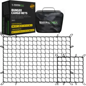Rhino USA Bungee Cargo Net Set - Ultimate Cargo Accessory Includes Carry Case, Carabiners, 4' x 6’ Net, 15" x 15" Mini-Net - Black