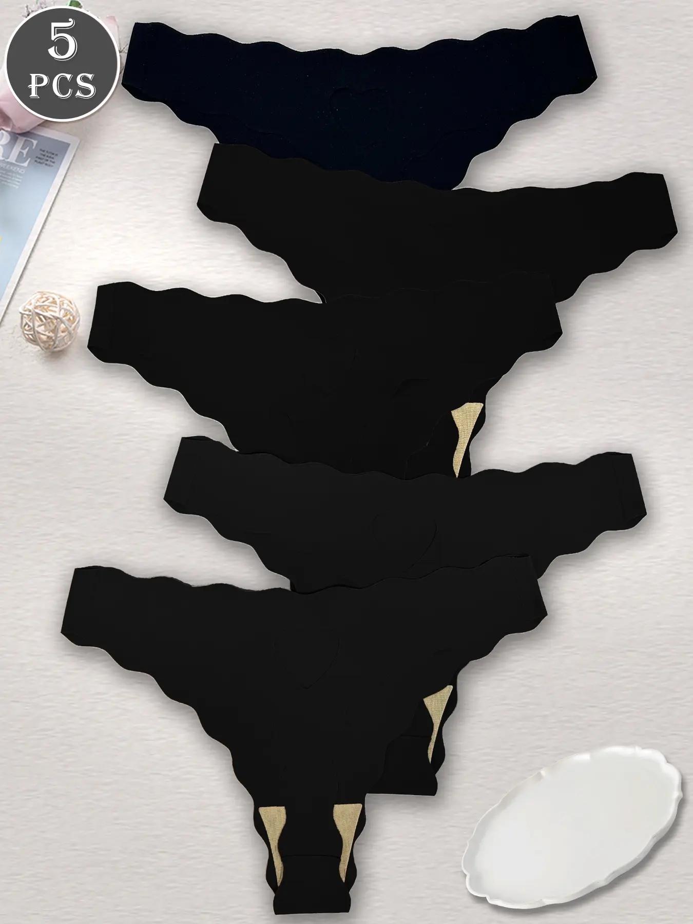 5-pack of pure black low-rise seamless women's underwear, hollow-out design, comfortable and skin-friendly, sexy and fashionable women's thong
