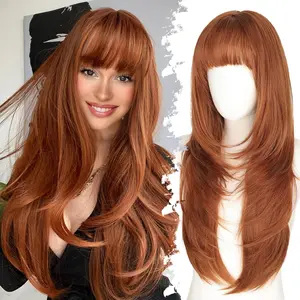 ONLYCUTE Long Layered Wig with Bangs for Women Synthetic Ginger Color 4x4 Realistic Scalp, Free Parting Heat Resistant Wig for Daily Party Use 26 inch
