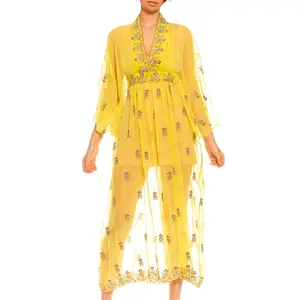 MORPHEW COLLECTION Yellow Embroidered & Beaded Polyester Chiffon Sheer Kaftan Made From Vintage Saris