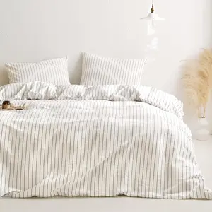 - Striped  Duvet Cover Set, Tickg Stripe Vertical Pstripe Farmhouse,  Washed  Textured Beddg Set, 3 count, White,  Size