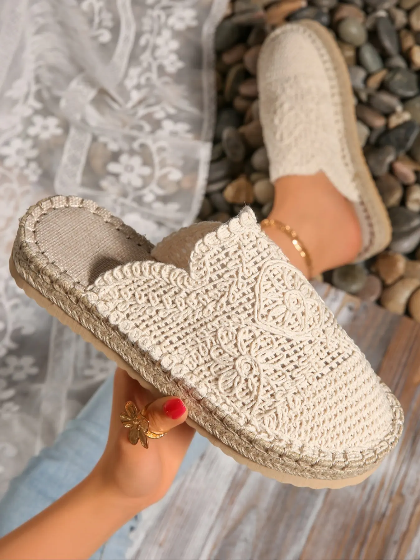 Women's Hollow Out Slip-On Mules Sandals Summer New European Style Woven Linen Thick Sole Fisherman Shoes Casual Beach Footwear