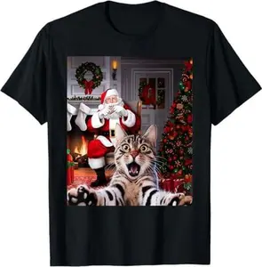 Christmas Funny Cat Selfie with Santa Claus Cute Holiday T-Shirt