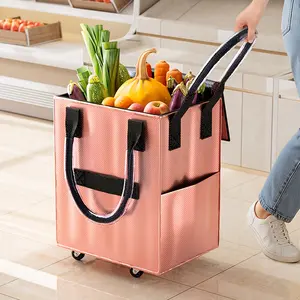 16 Gallon Extra Large Rolling Grocery Bag with Wheels, 60L Heavy Duty Foldable Shopping Cart, Waterproof Thickened Material Travel Tote, Metallic Rose Golden/Black/Silver Multi-Functional Utility Bag