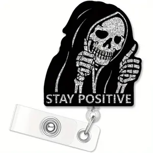 Silver Glitter Retractable Badge Reel with Clip for ID Cards, Funny Skull Design Ideal Gift for Nurses Doctors and Students, Halloween, Badge Decoration
