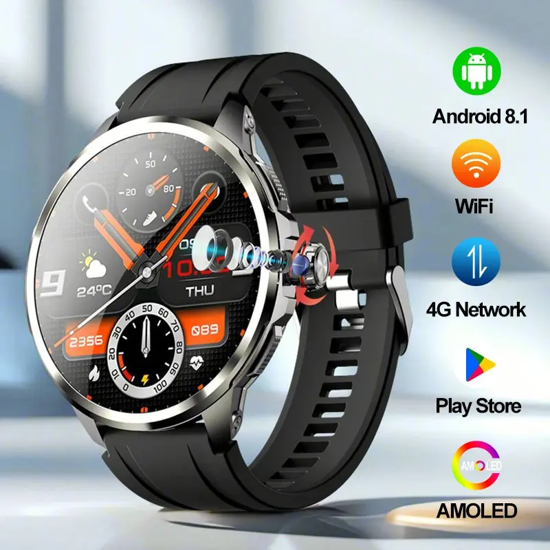 H99 AMOLED Screen Men's Smart Watch - Android 8.1 4G/5G Cellular Phone with 3+32GB, SIM, WiFi, GPS, NFC, 180° Rotating HD Camera, Magnetic Charge, 2100mAh Battery, Mobile Monitor, Bluetooth Connection, 2025 Sport Wearable, English, 3G, Not Water Resistant