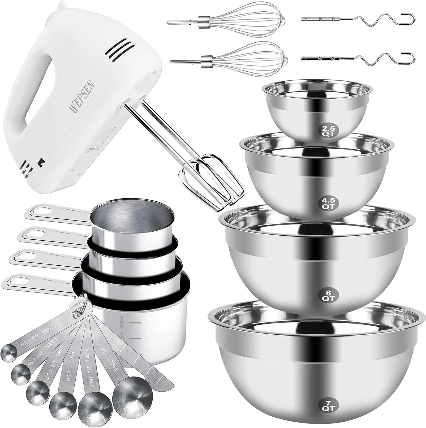 WEPSEN Electric Hand Mixer Set with 4 Nesting Stainless Steel Mixing Bowls, 5-Speed 200W Handheld Mixer, Measuring Cups, Spoons, Whisk, Beater for Beginner Baking Supplies