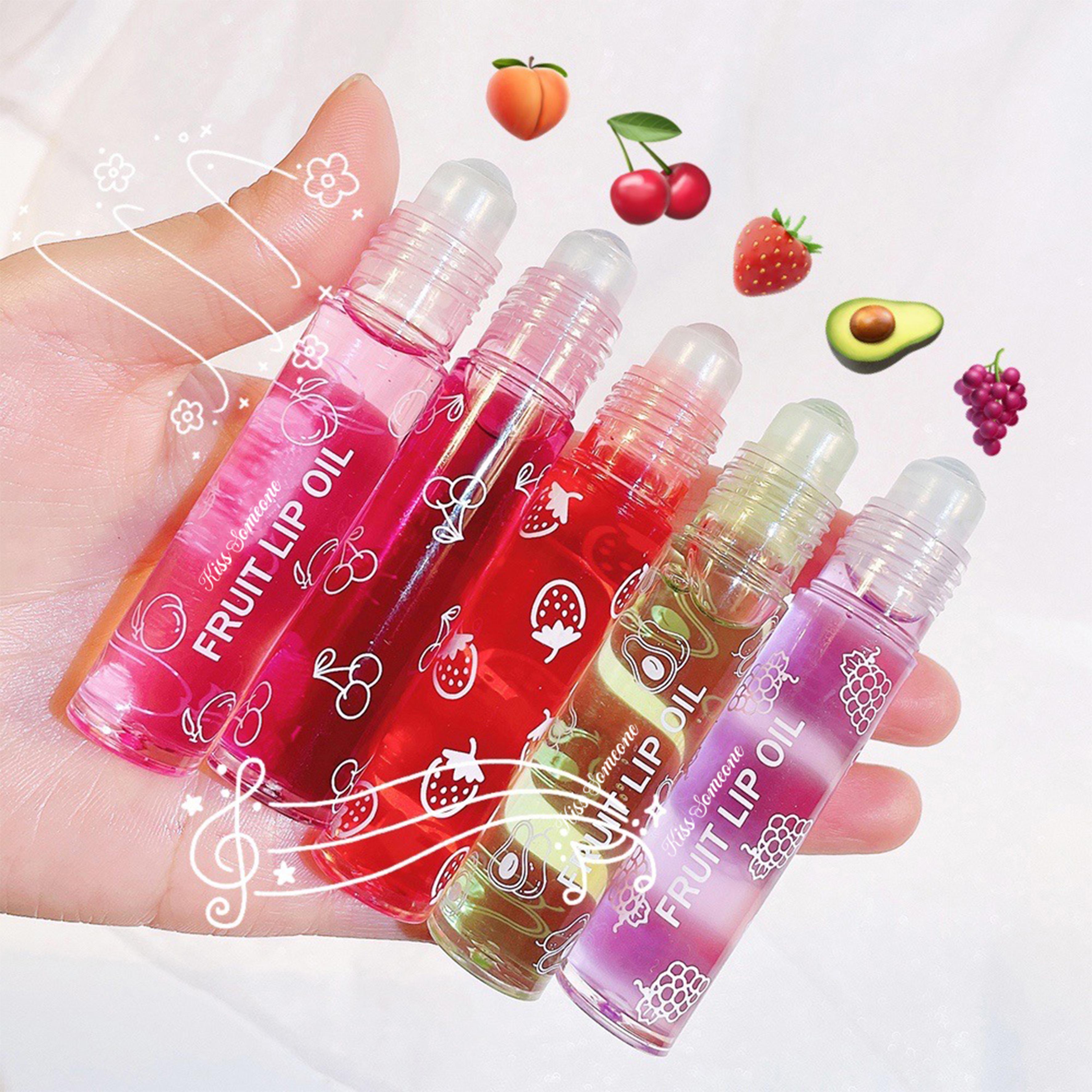 Hydrating Lip Oil Roller Gloss Juicy Glass Lips Non Sticky Moisturizing Lip Care Fruit Flavor Lip Gloss for Dry Lips Long Lasting Shine Strawberry Peach Grape Cherry
