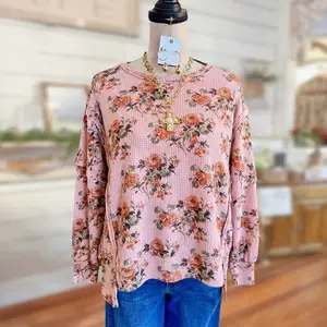 SageVell Floral Print Waffle Knit Sweatshirt for Women, Casual Loose Long Sleeve Pullover Top