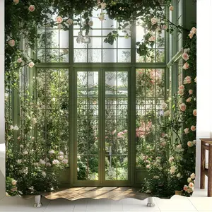 Vintage Fresh Garden Themed Shower Curtain for Valentine'S Day Featuring Romantic Patterns of Nature and Green Leaves Includes  Hooks for Hanging