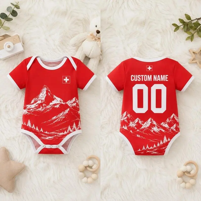 Personalized Swiss Baby Romper, Switzerland Mountain Infant Bodysuit, Custom Name Red Jersey Onesie, Switzerland Souvenir, World Soccer Baby Suit, Football Gift – FASTSHIPPING