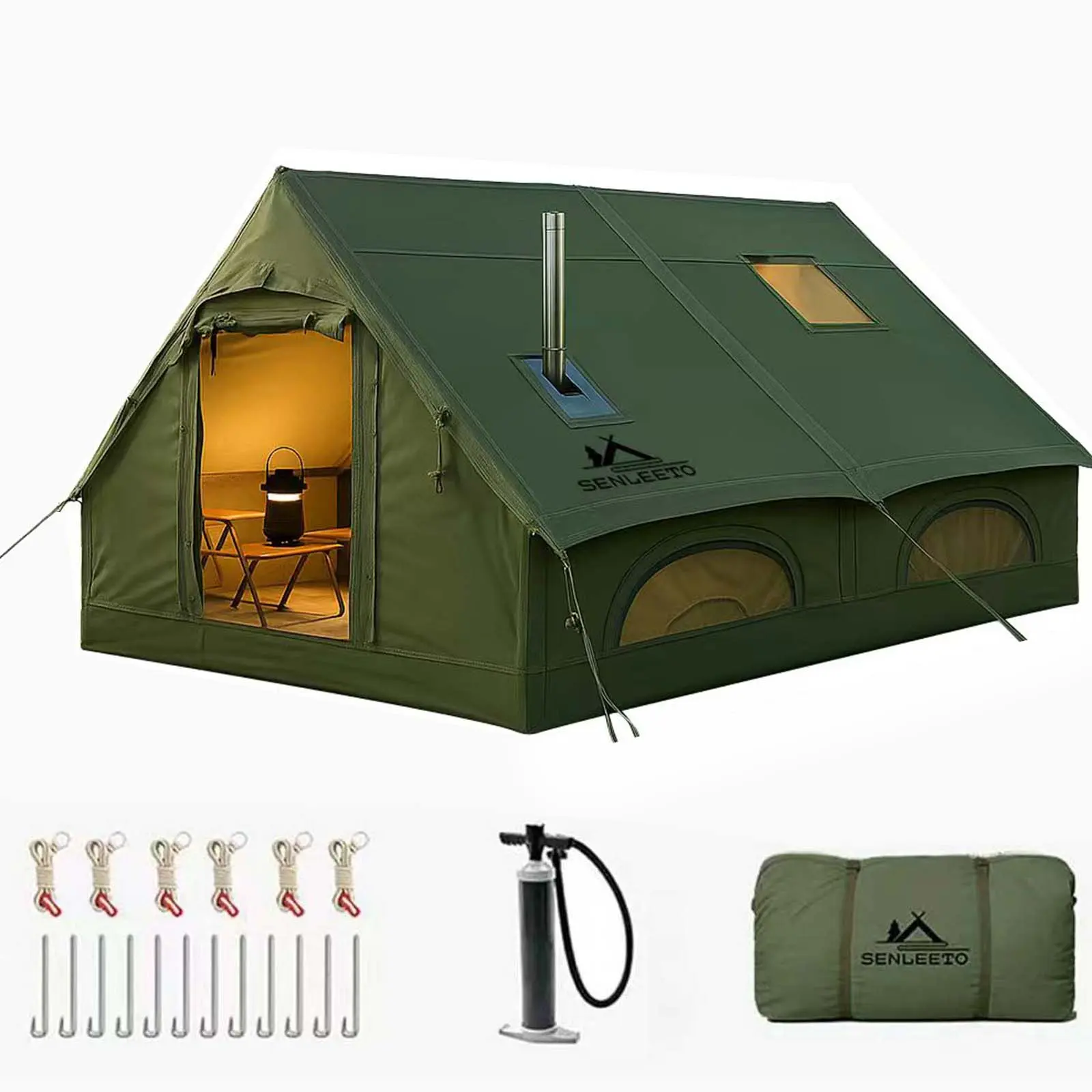 SENLEETO Inflatable Instant Cabin Tent - 8-10 Person 4-Season All-Weather Camping Shelter, Glamping Gear with Stove Jack Port, Lightweight Portable Outdoor Canopy Equipment, Inflatable Tent