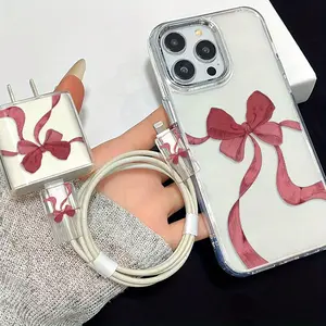 Metal Frame Transparent iPhone Case Set, Bow Design, Includes Charger Protector & Cable Organizer, Fits iPhone 11-16 Series