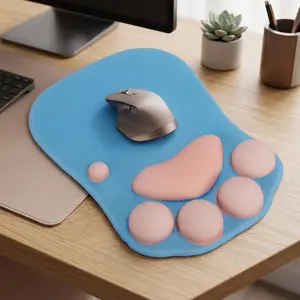 Ergonomic Cat Paw Mouse Pad with Wrist Rest, Cute Soft Silicone Desk Mat for Laptop & PC Gaming. Comfort Office Setup Accessory, Anti-Slip Base, Pink Blue Black.
