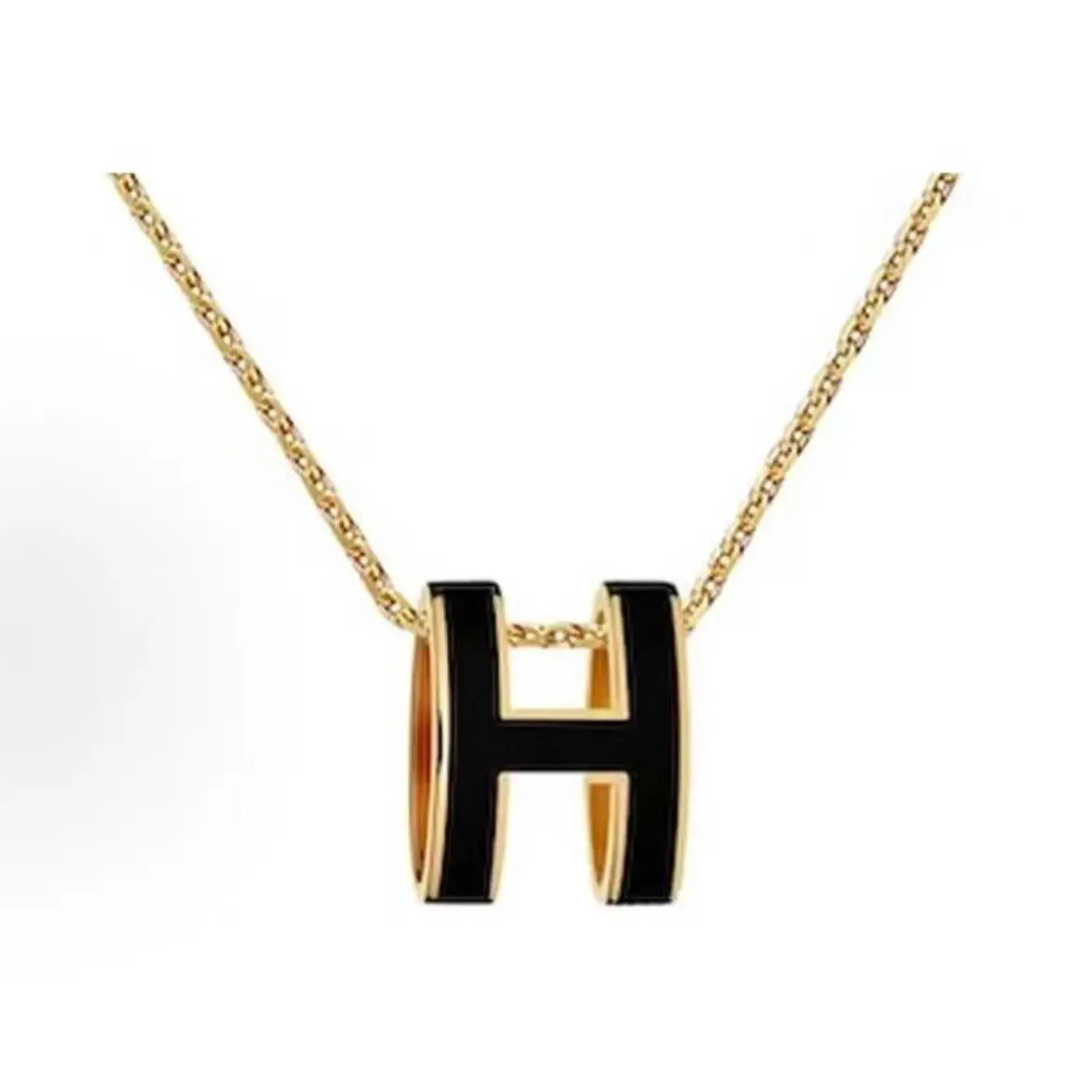 Pre-owned Brand New,Hermès Pop H Pendant Necklace (Black Enamel / Gold Plated)