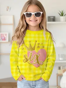 Yellow Plaid Crown Heart Six Digital Print Long-sleeve Crewneck Drop-shoulder Sweatshirt Top T-shirt, Long-sleeve T-shirt for Girls in Spring and Autumn, 100% Polyester, The Best Gift for Girls