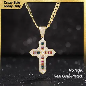 Holylegend 14K Real Gold Plated Multicolor & Green Cross Necklace for Women and Men, Tarnish-Free Iced Out Pendant with 5A CZ, Cuban and Rope Chain, Hip Hop Bling Jewelry Gift