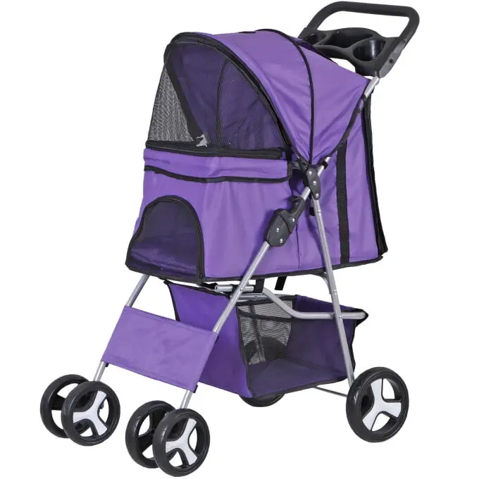 Segawe 4-Wheel Foldable Collapsible Dog Pet Puppy Stroller - Purple, 30lb Capacity, Outdoor Use, Stable 4-Wheel Base, Joint-Stress Reduced Support, Mesh Ventilation, Thick Fabric