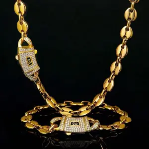 14K Gold Plated Stainless Steel Coffee Beans Chains Necklace Link Chain Iced Out for Men/Women