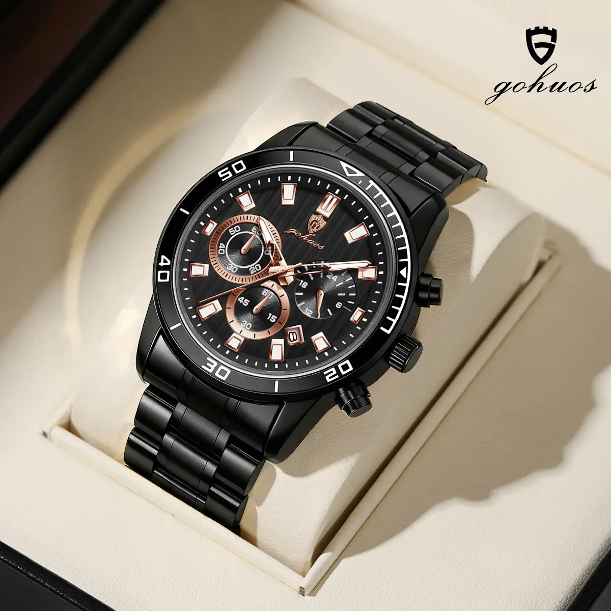 GOHUOS Men's Analog Quartz Watch, Business Fashion Stainless Steel Wristwatch with Chronograph, Luminous Hands and Green Dial, Analog Watch, Business Fashion Watch