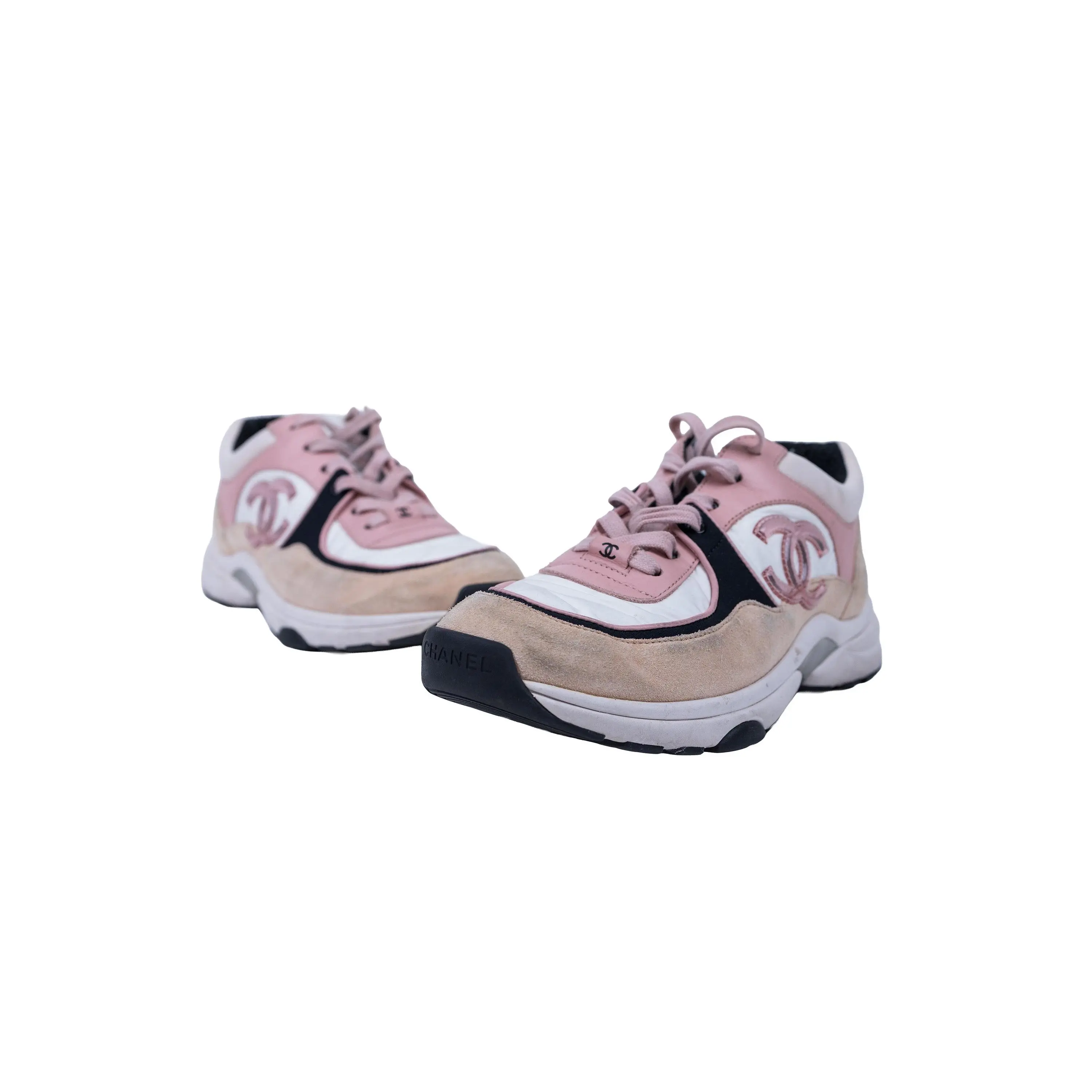 Pre-owned Chanel Pink White Black Suede Leather Sneakers Size 39