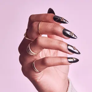 Gold Finger Glitzy 3D Handmade Press-On Nails – Black & Gold Celestial (Long Almond)