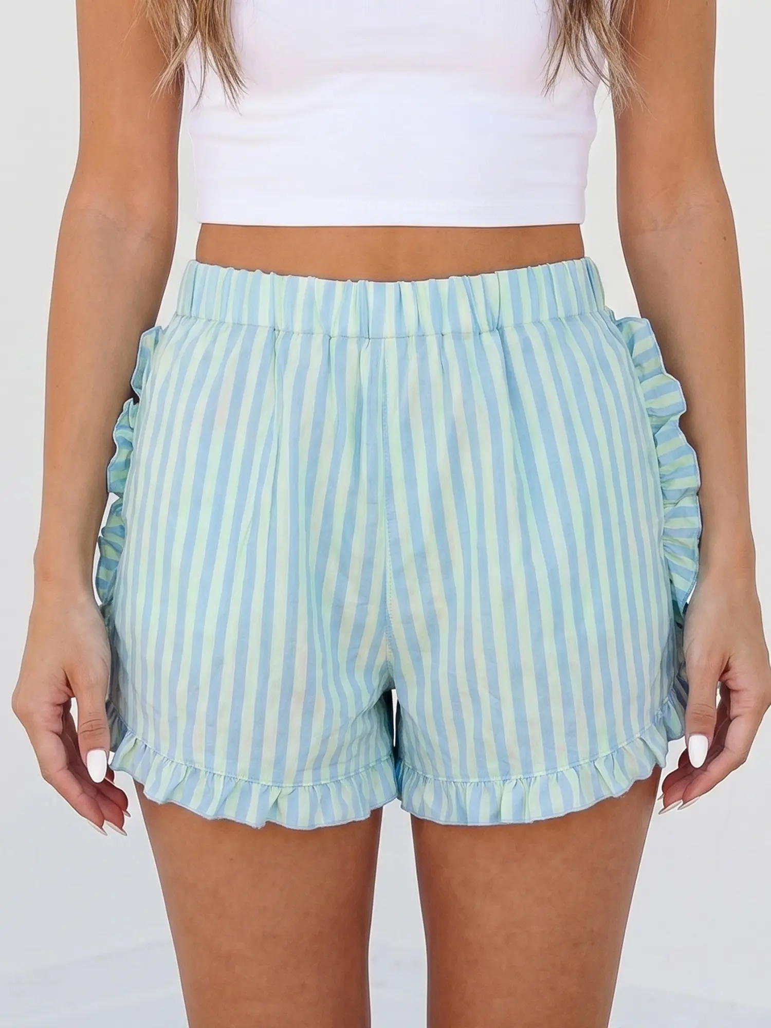Sky Blue Striped High Waist Elastic Ruffle Trim Casual Shorts With Pockets Shift Silhouette