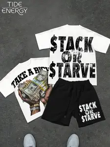Men's 'stack or Starve' Bill Print T-Shirt + Shorts Set, Hip Hop Street Style Casual, Loose-Fitting Graphic Top and Bottoms