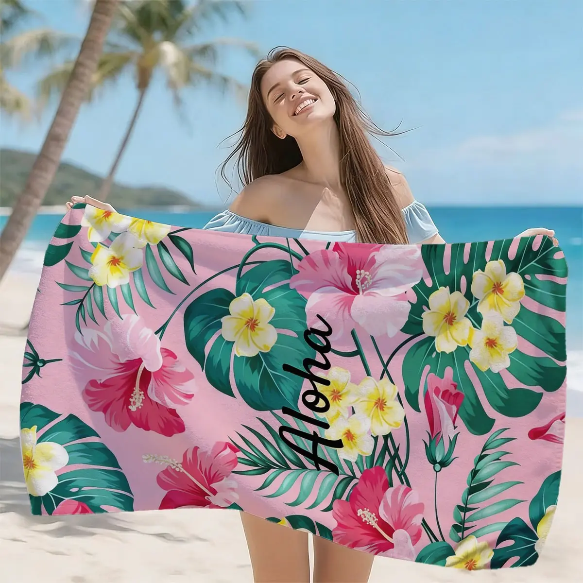 Hawaiian Floral Aloha Beach Towel, High-Weight Quick-Dry Fabric, Soft Skin-Friendly, Absorbent and Fast Drying, Anti-Wrinkle Easy Clean
