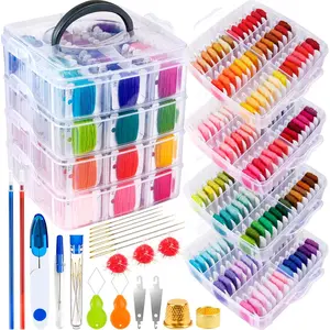 262 Pack Embroidery Thread Floss Kit Including 200 Colors 8 M/Pcs  Stitch Sewing Thread with Floss Bins and 62 count  Stitch Tool,4-Tier Transparent Storage Box