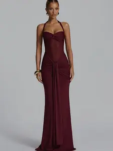 Summer New Women's Halter Tie-Up Mesh Patchwork Draped Long Dress, Fashion Elegant Party Gown, Stylish and Chic Clothing