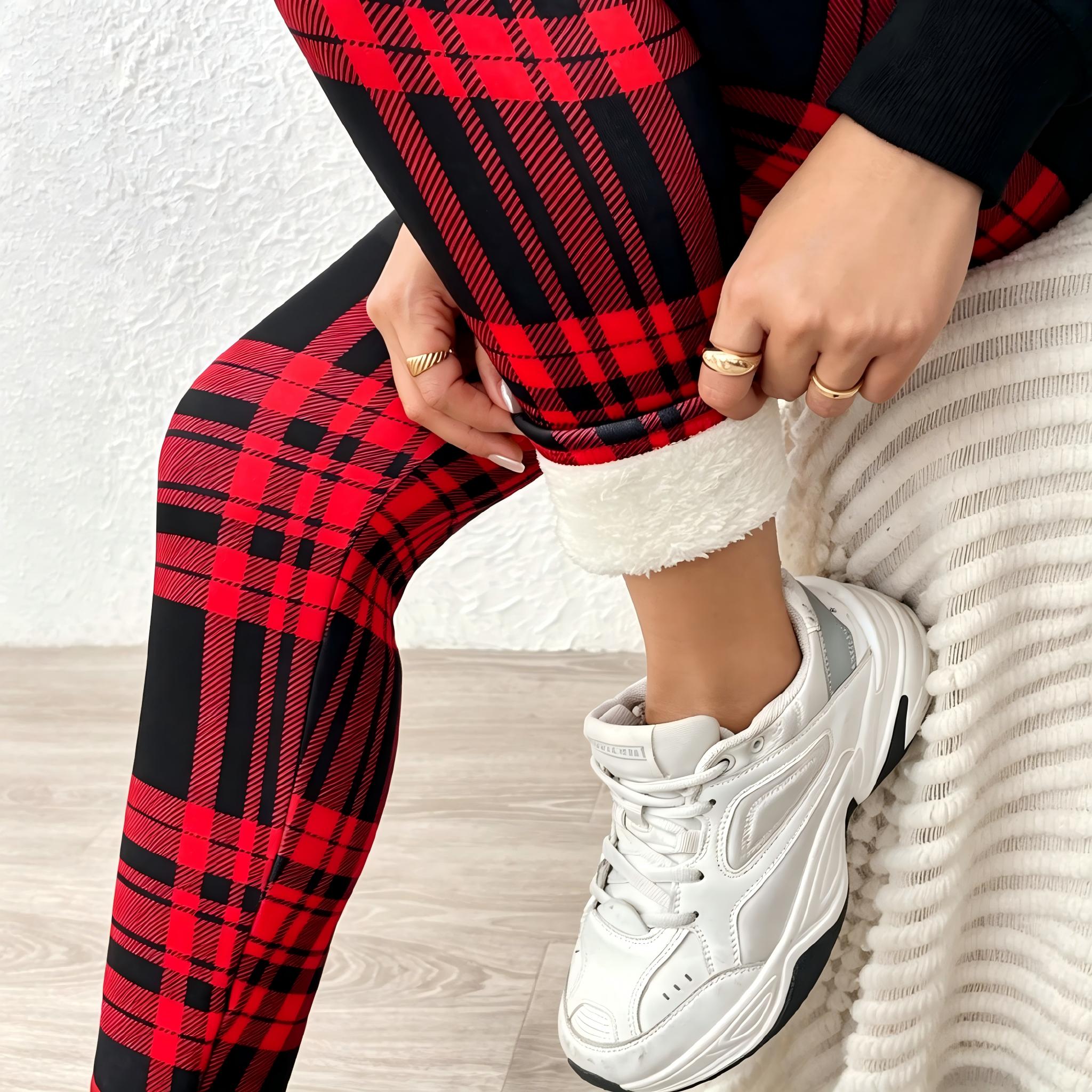 Women's Plaid Print Thermal Lined Thick Leggings Casual Comfy High Waist Skinny Pants for Daily Wear Ladies Bottoms for Winter Fashion Womenswear