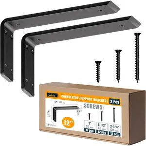 12" Heavy Duty Countertop Support Brackets 2 count, 600 lb 3/8" Steel -  -Wall Corbel | Matte Black -Coated L Brackets Incl Screws & Anchors for Quartz Granite  Concrete Laminate