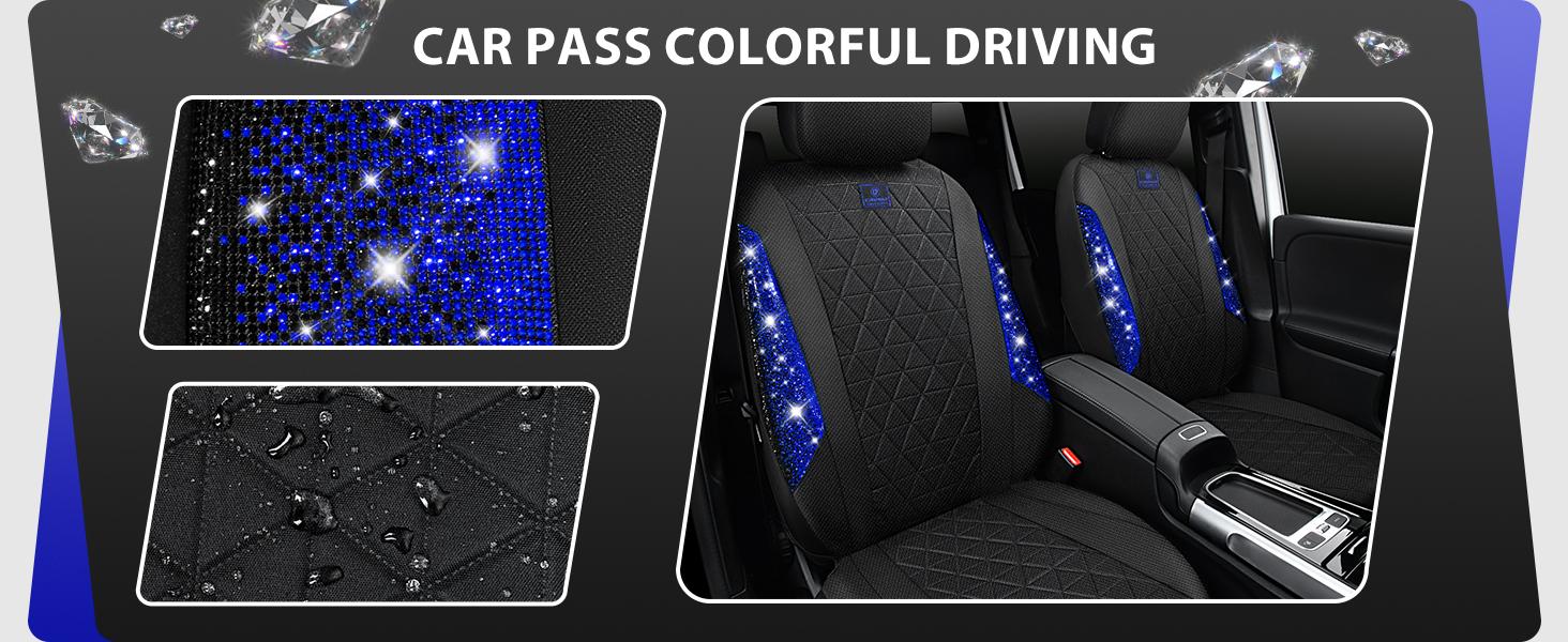 CAR PASS Oxford Bling Diamond Car Seat Covers 2 Front Interior Sets, Waterproof Shining Glitter Sparkly Crystal Universal Armrest Fit 95% Automotive Truck SUV Cute Women Girl, Black Blue Rhinestone
