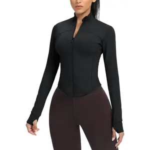 Women's Cropped Running Workout Jackets Zip Slim Fit Athletic Tops with Thumb Holes