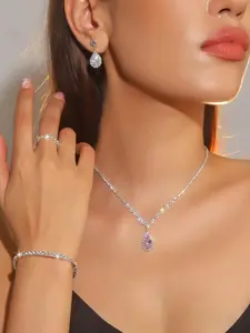 Women's Elegant Rhinestone Decorated Necklace & Bracelet & Earrings & Ring, Exquisite Trendy Teardrop Matching Jewelry Set, Fashionable Accessories for Party & Daily Clothing Decor