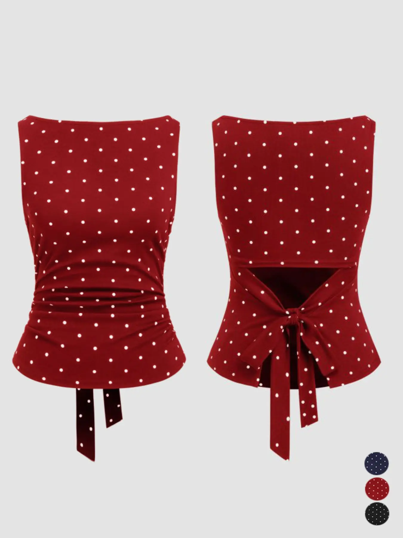 Women's Polka Dot Tank Top, Summer Boat Neck Sleeveless Knot Design, Y2K Style, Slim-Fitting, Round Neck, Back Tie, Casual Wear, Crop Tops, Elastic Tank Top