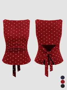Women's Polka Dot Tank Top, Summer Sleeveless Knot Design, Y2K Style, Slim-Fitting Fitted, Round Neck, Back Tie, Casual Wear Womenswear
