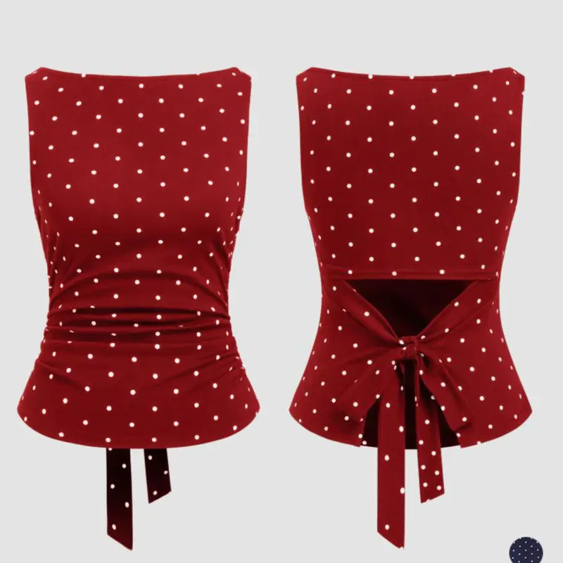 Women's Polka Dot Tank Top, Summer Boat Neck Sleeveless Knot Design, Y2K Style, Slim-Fitting, Round Neck, Back Tie, Casual Wear, Crop Tops, Elastic Tank Top, Casual Cropped Top