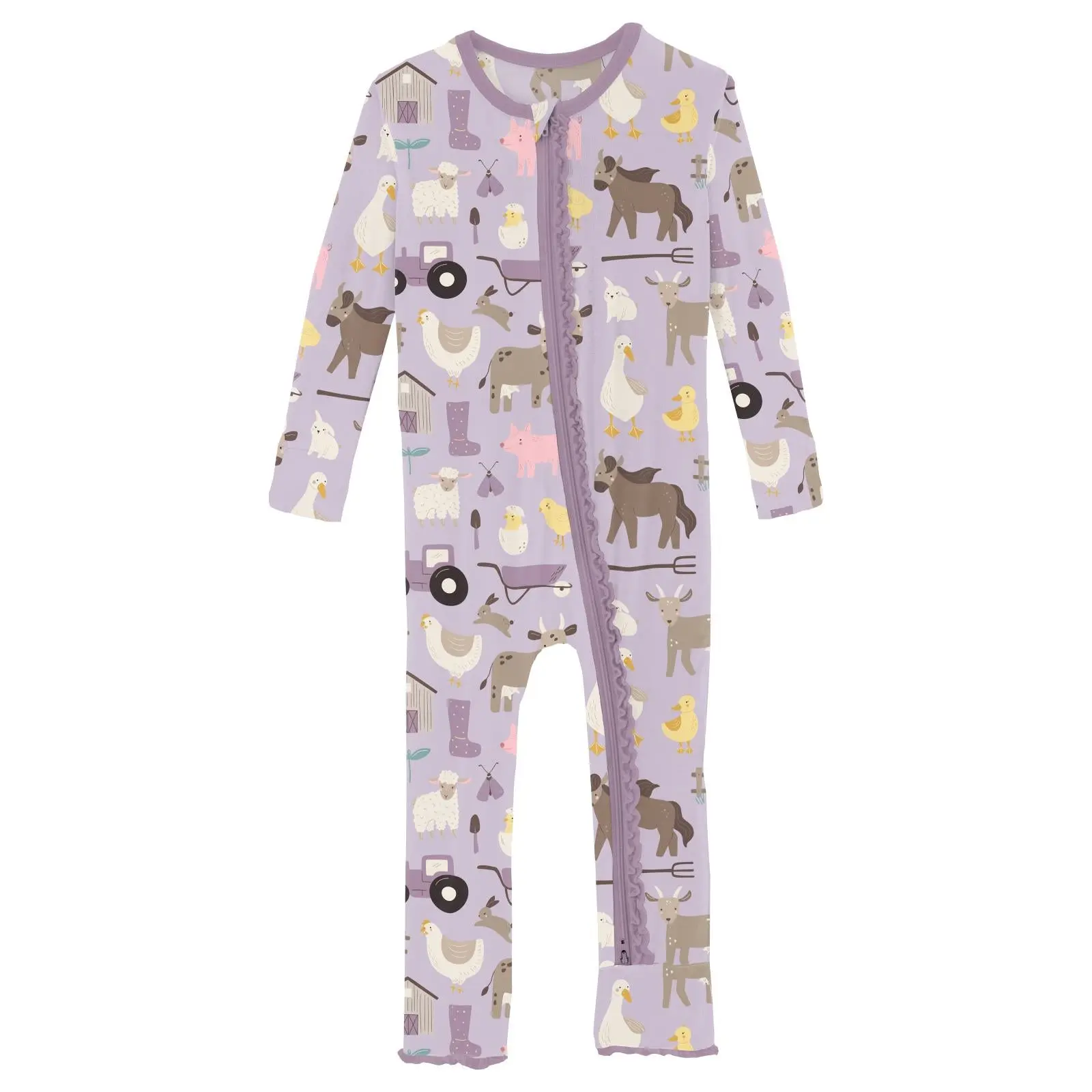 Print Muffin Ruffle Coverall with 2 Way Zipper in Thistle Morning on the Farm