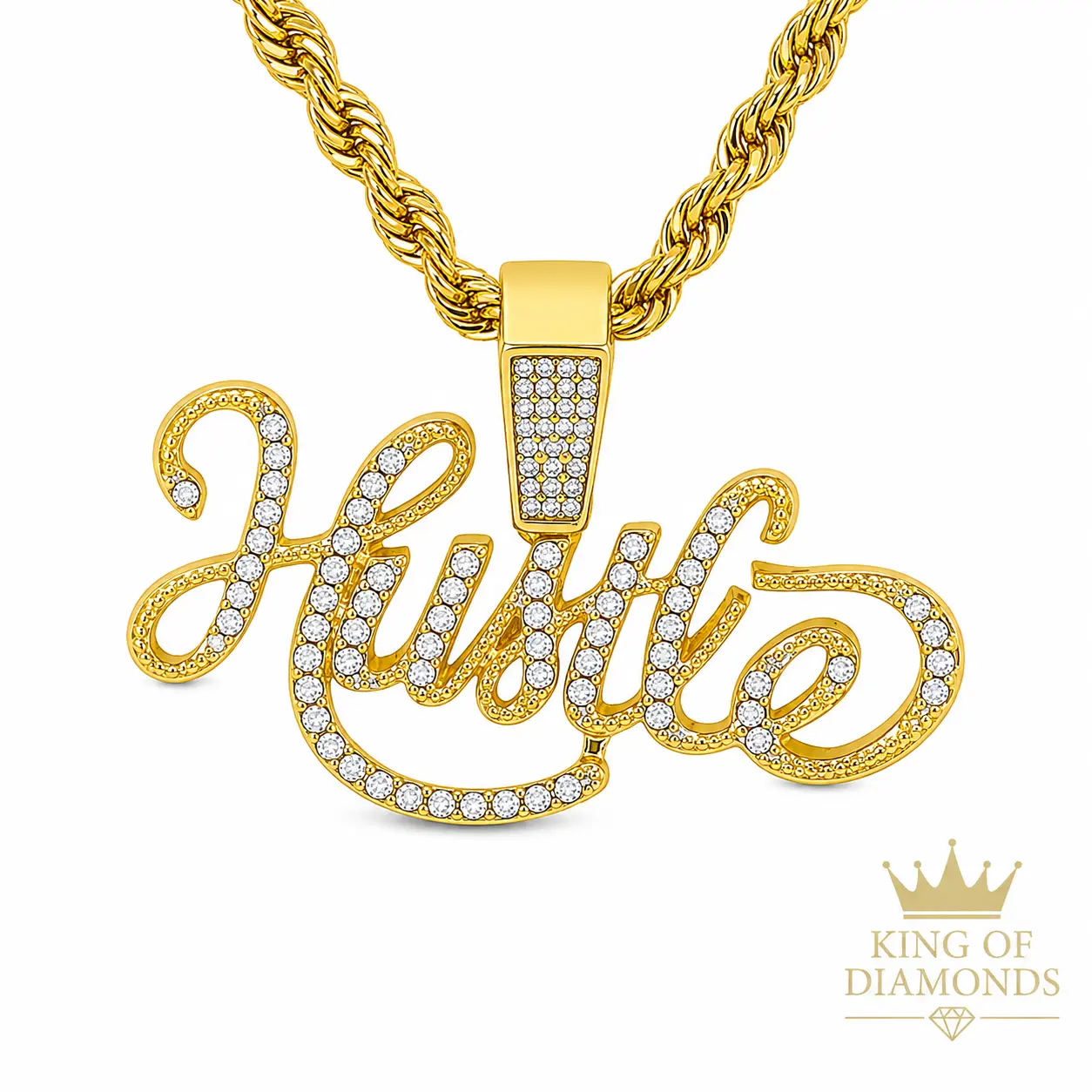 Bold 'HUSTLE' Pendant Necklace, 24 Inch Lightweight Gold Plated Alloy Rope Chain with Sparkling Simulated Stones for Photoshoots, Casual, Simulated Gems, Letter, Bold Charm, Synthetic/Simulated Coloured Gemstone, Unisex