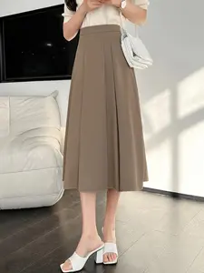 Elegant Women's High Waist A-Line Midi Skirt, Summer New Fashion Pleated Long Dress, Office Commute Style, Knee-Length Western Umbrella Skirt
