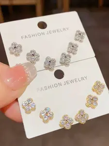 Vintage Classic Four-Leaf Clover Rhinestone Ear Studs Set, Unisex Couple Jewelry, Holiday Decoration, Casual Style, All Seasons