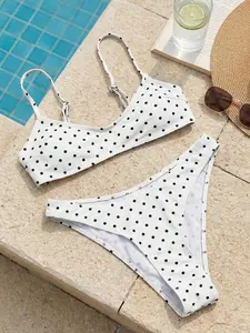 KULANI  Elegant Vacation Bohemian Navy Blue & White Polka Dot Adjustable Strap V-Neck Sexy Bikini Set