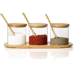 Adorer.care Condiment Glass Containers with Bamboo Lids, Spoon & Tray 10oz Salt Sugar Pepper Spice 3 Jars Set Kitchen Seasoning Storage Canister