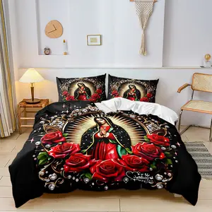 Guadalupe Virgin Theme Duvet Cover Set, Includes Quilted Blanket & Pillowcase, Rose Diamond Pattern, Comfortable Home Decoration, Bedroom Use, Create a Solemn and Artistic Religious Atmosphere for the Bedroom
